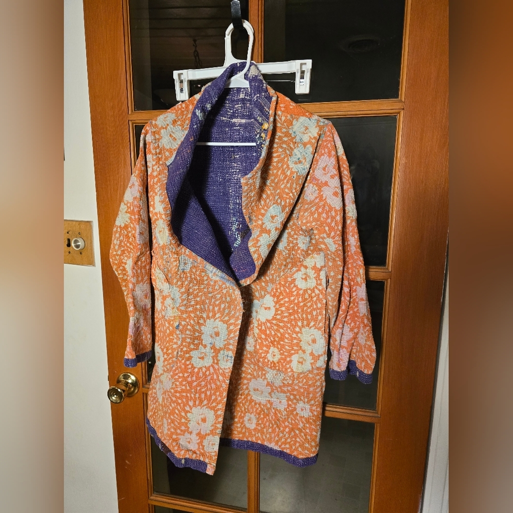 Floral Orange and Purple Women's Kantha Reversible Jacket